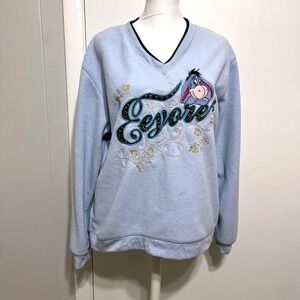 Vintage Disney Eeyore Fleece Pullover Sweatshirt Blue V Neck‎ Embroidered Size L